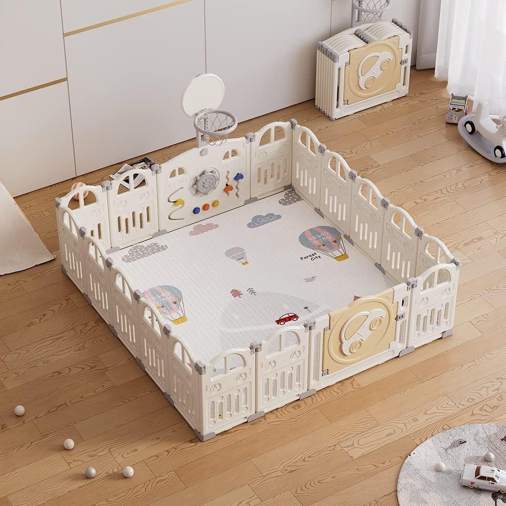 UBRAVOO Foldable Playpen with Mini Basketball Hoop and 50 Colorful Ball Pit, Baby and Toddler Car Playpen, Fun Indoor Activity Center