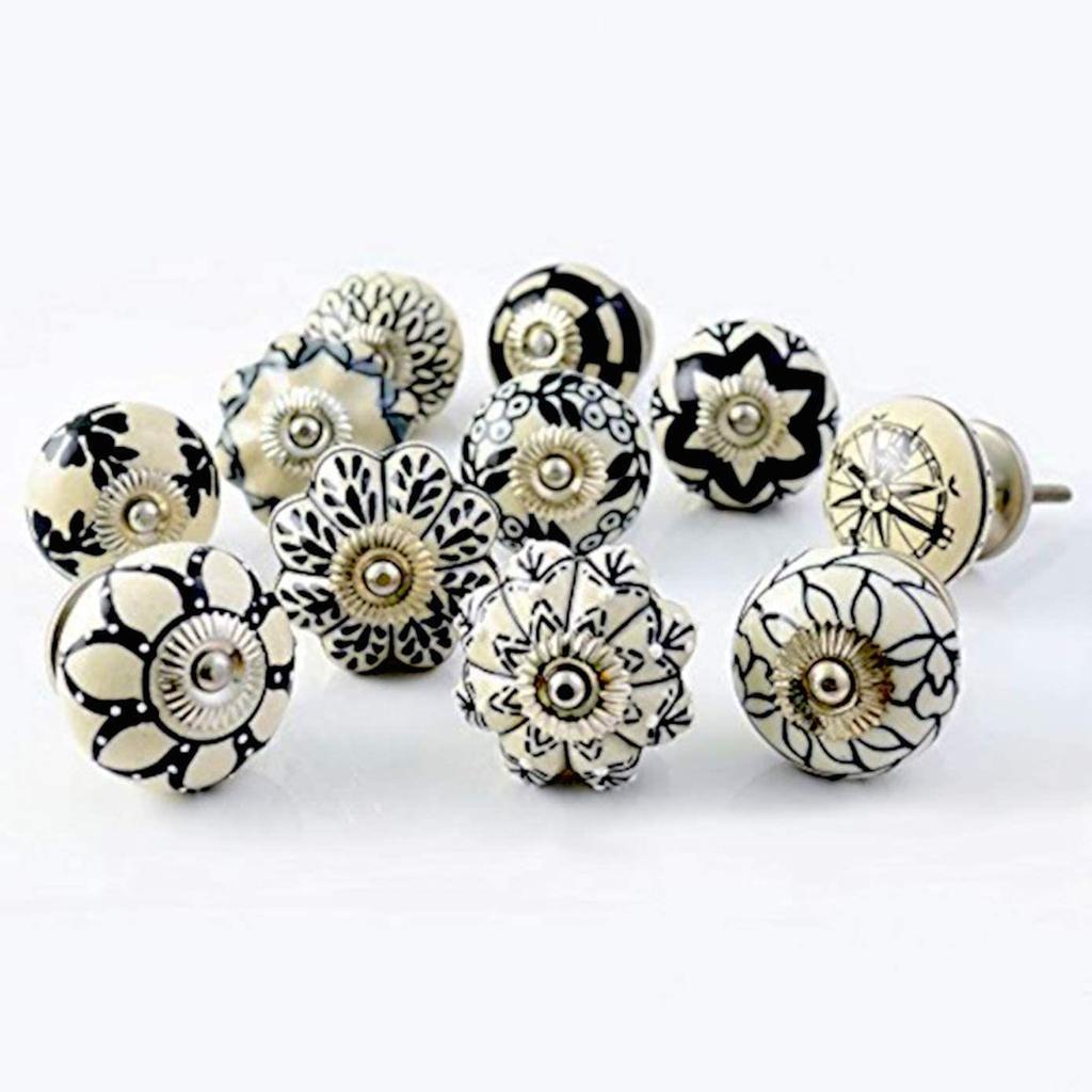 Ceramic Knobs Assorted Pottery Drawer,Door Knobs and Pulls Handle for Kitchen Cabinets Home Interior Decor Knobs (Black and White, Pack of 15)