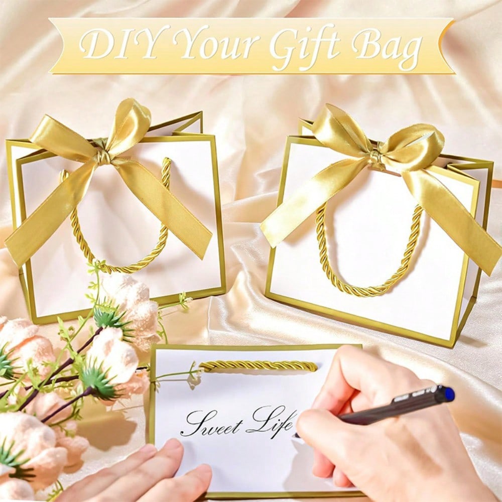 12pcs Small Gift Bags with Handles, White Gold Mini Bags, 5.51x 2.36x4.72 Inches Small Thank You Gift Bags Bulk with Ribbon