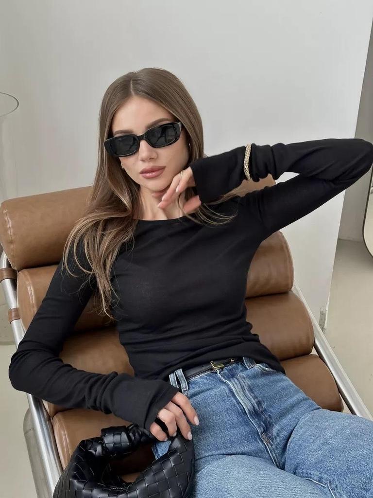 Autumn 2024 European & American Style Women's Slim Fit Solid Color Bell Sleeve Top