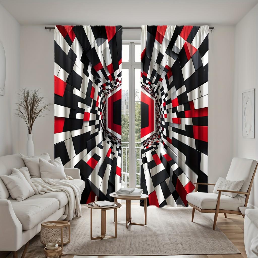 2pcs Set Modern Geometric Curtains Black & White Rod Pocket Design for Easy Hanging for Living Room Bedroom Kitchen Window Drape