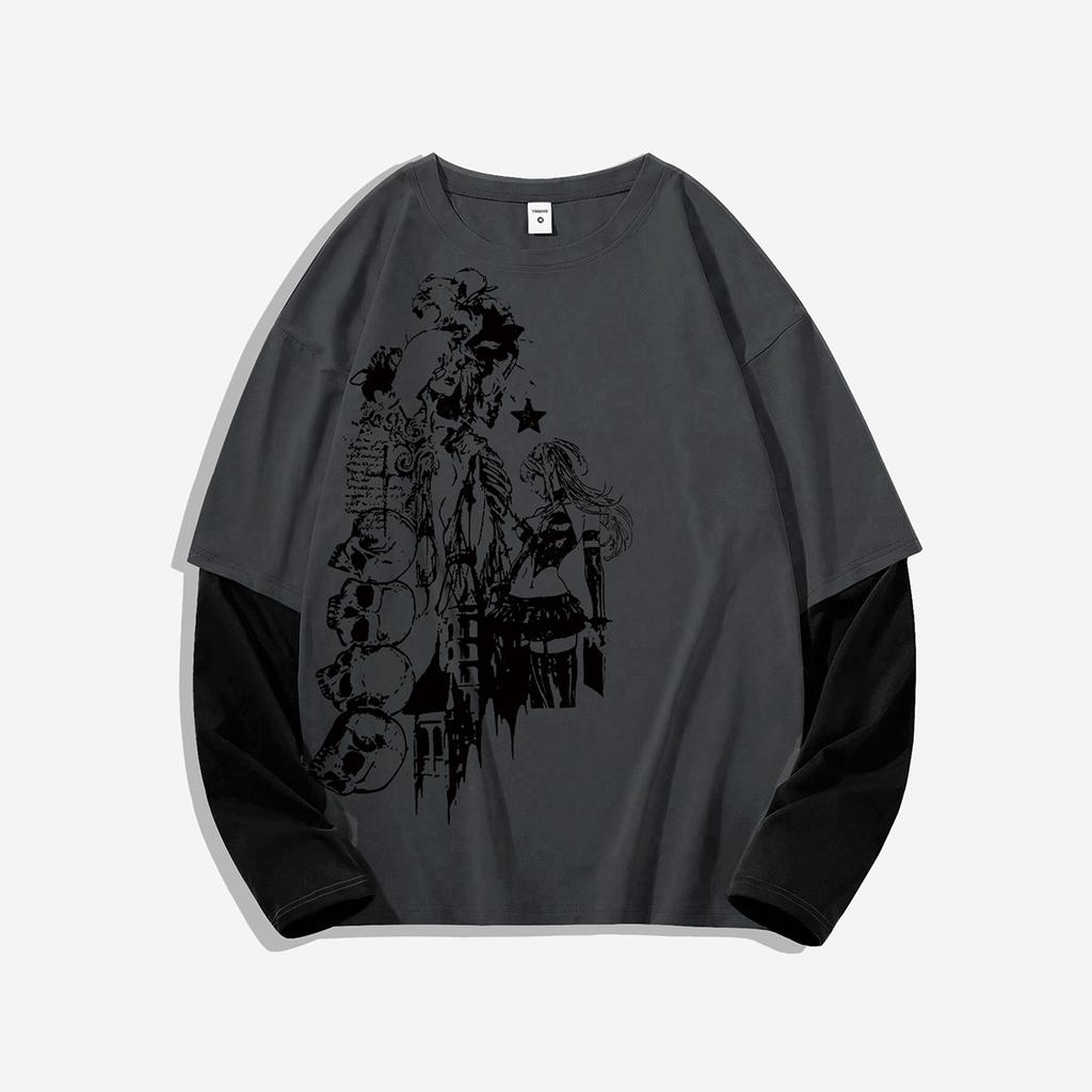 Dark Skeleton Two-Piece Long-Sleeve T-Shirt: Subculture Punk Streetwear, Perfect for Couples