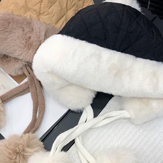 Women Quilted Hat Winter Padded Warm Hat with Cute Pom Pom Ear Protection Fuzzy Hat with Drawstring for Autumn Winter Street Daily Wear