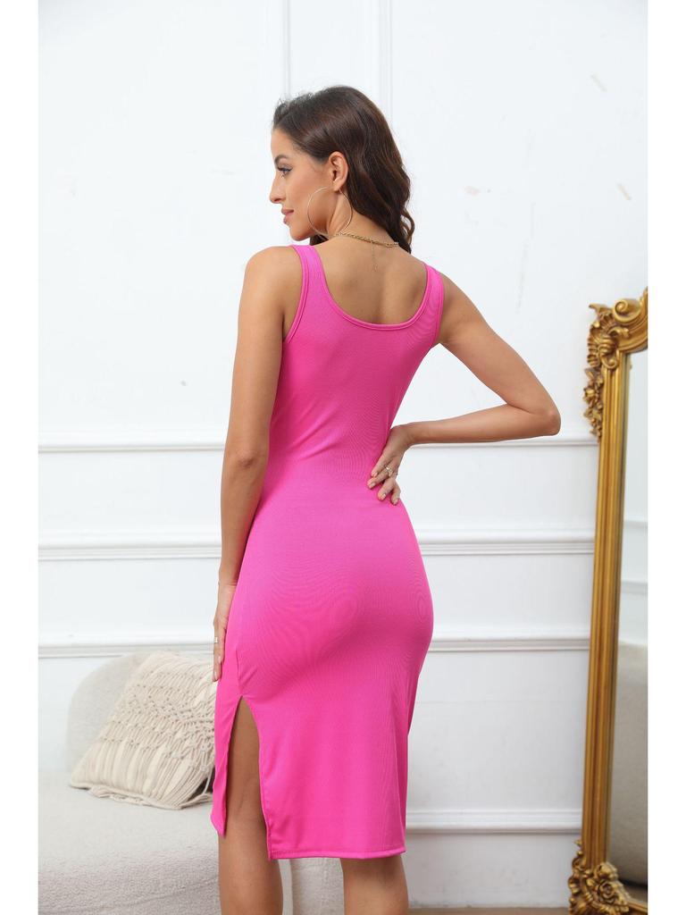 2025 Spring/Summer Elegant Sleeveless Ribbed Slim Fit Slit Dress with Square Neck