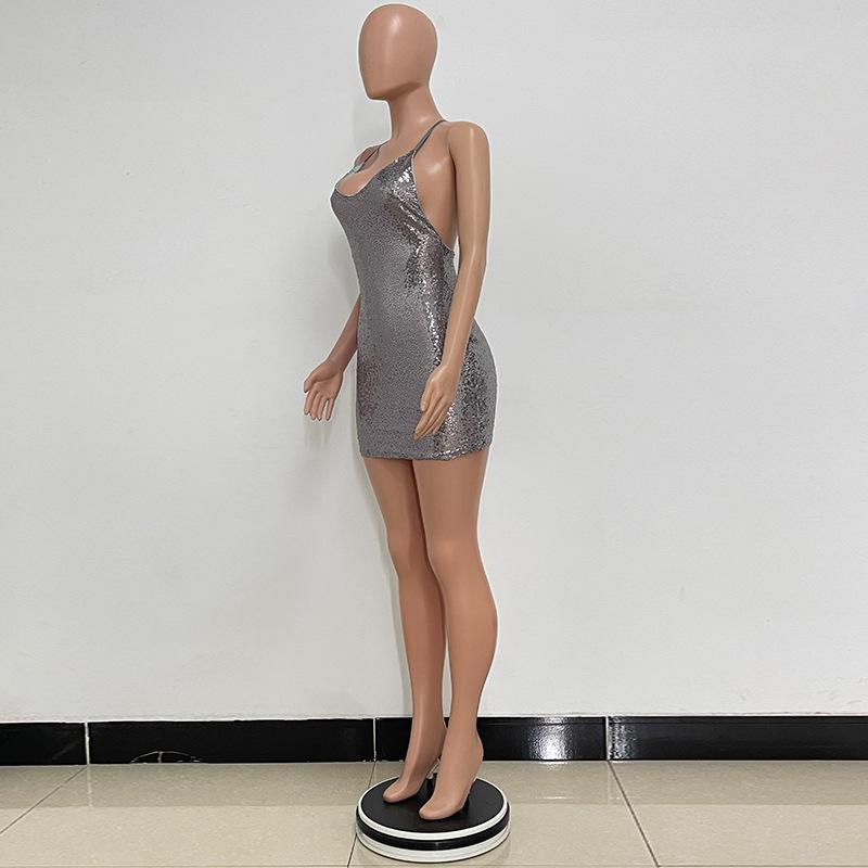Temperament Backless Sequin Bag Hip Nightclub Fashion Women Spice Halter Cutout Dress