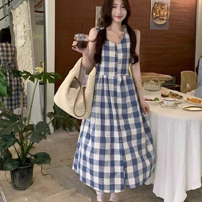 Retro Style Plaid Button Off-the-shoulder Vest Dress Women's Summer Casual Loose Waist Thin A-shaped Long Dress