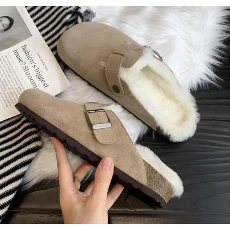 Fashion New Women's Slippers Autumn Winter Leather Round Toe Slippers Couple Slippers Outdoor Casual Keep Warm Women Suede Slides Mujer