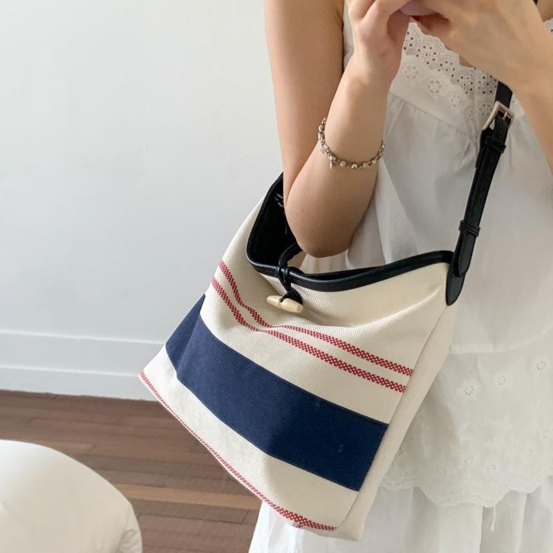 Striped Canvas Bag Women's Large-capacity New Summer Versatile Shoulder Messenger Bag College Student Tote Bag