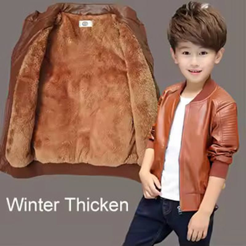 Boys Coats Autumn Winter Fashion Korean Children's Plus Velvet Warming Cotton PU Leather Jacket For 1-11Y Kids