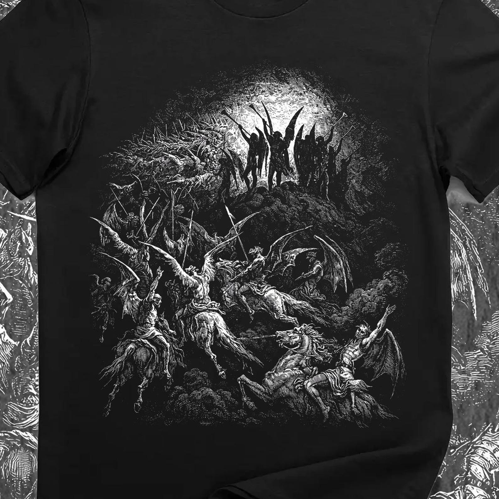 Fallen Angels Battle T-Shirt – Gustave Dore Engraving Dark Fantasy Tee M