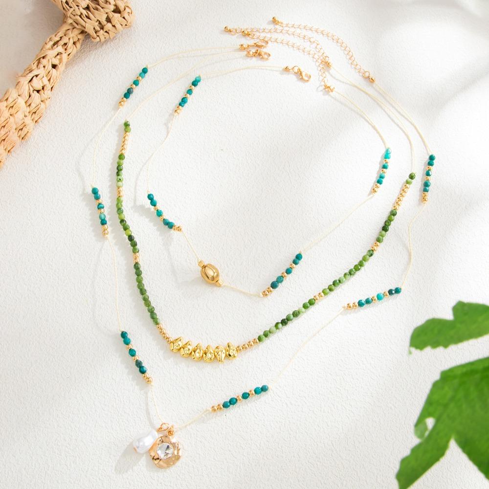 3pcs Set Retro Temperament Baroque Pearl Pendant Green Beaded Long Multi-layered Necklace for Women Stacked Jewelry Sets Gifts