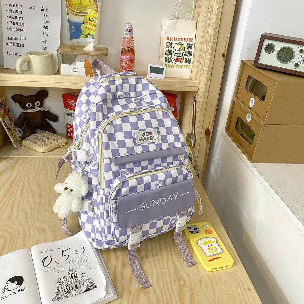 Girls' Korean Checkerboard Colorblock Lightweight Casual Backpack - Large Capacity for Middle & High School Students