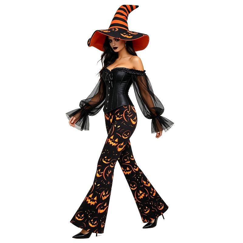 Halloween Pumpkin Witch Dark Witch Costume Set Off-Shoulder Mesh Sleeves Shapewear Pumpkin Trumpet Pants