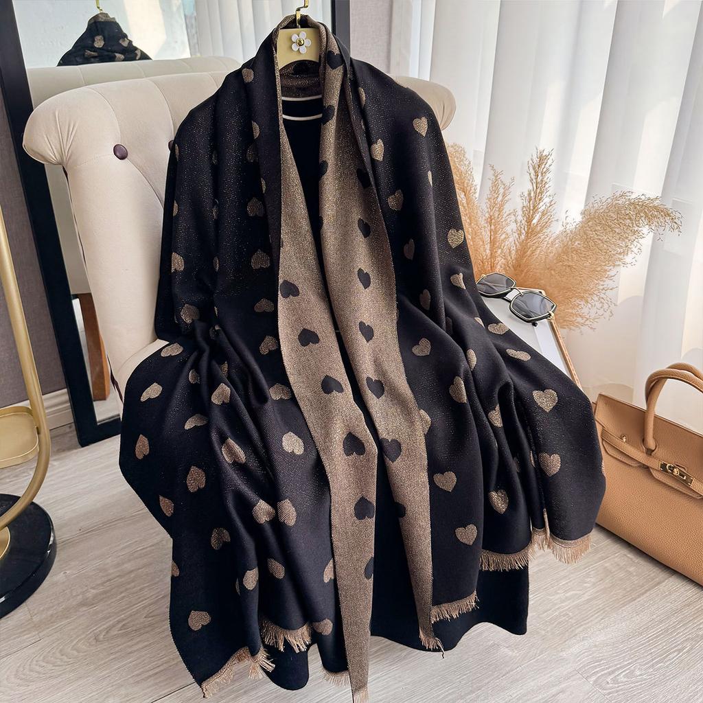 Autumn Winter Retro Imitaion Cashmere Shawl Fashion Woman Versatile Heart Double-sided Color Matching Pashmina Thick Warm Scarf