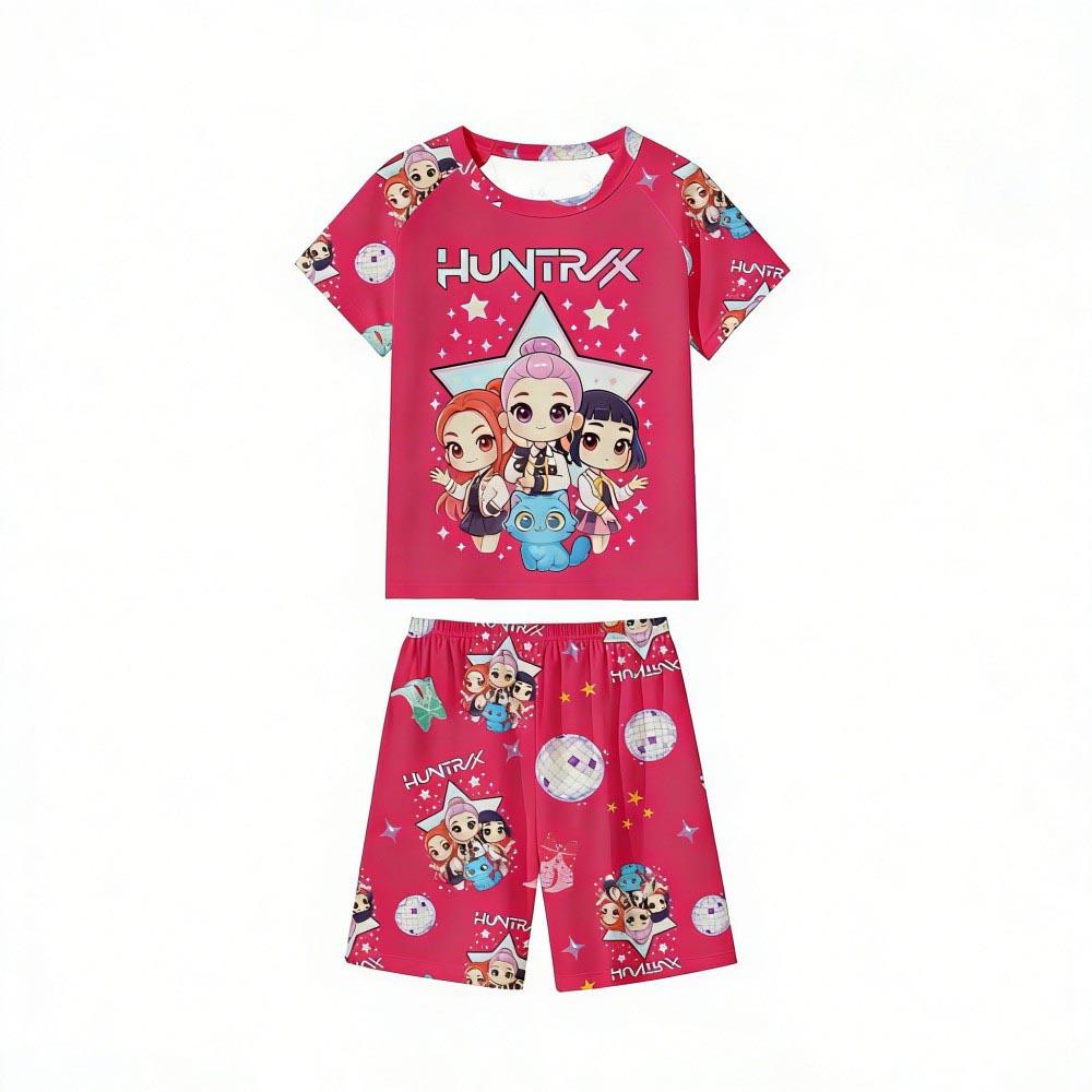 Zomer Kinder Pyjamaset Kpop Demon Hunters Bedrukt Kinder O-hals Korte Mouw Tops Shorts 2 Stuks Zomer Meisjes Casual T-shirt Sets