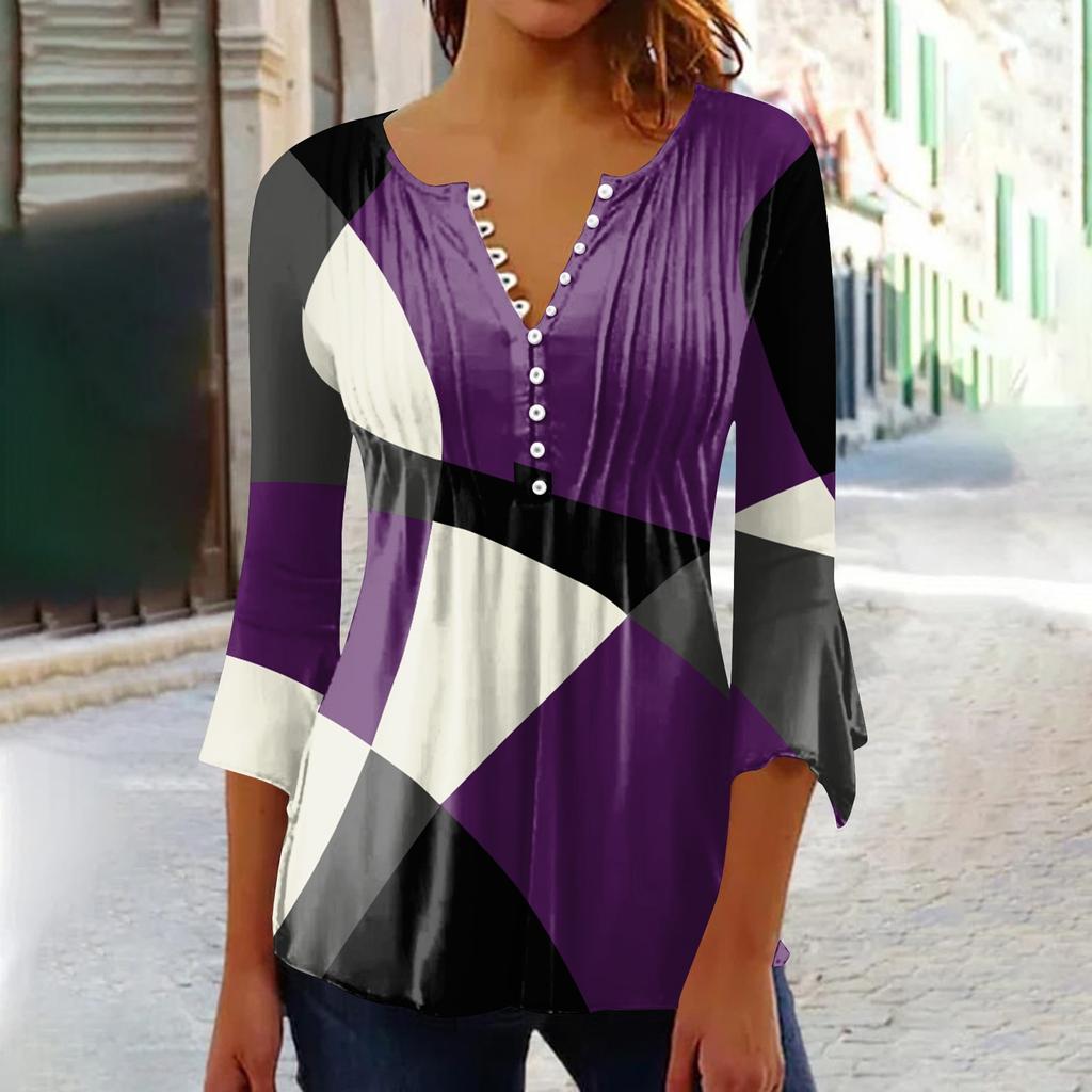 Cămăși cu nasturi pentru femei Tunica cu imprimeu Topuri de vară elegantă casual cu mâneci clopot 3/4 cu decolteu în V Bluze de primăvară