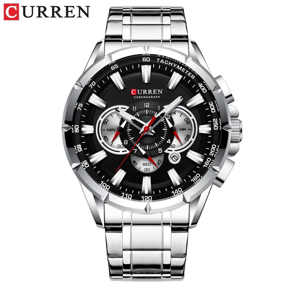 

CURREN Casual Sport Chronograph Men s Watch Stainless Steel Band Wristwatch Big Dial Quartz Clock чёрный/серебряный