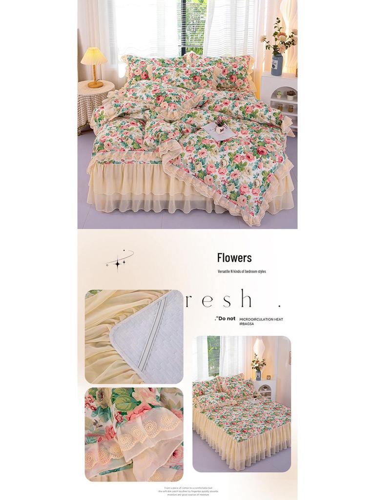 2026 Baumwoll-Print gesteppter Bettrüsche 4-teiliges Set mit Spitzenbesatz