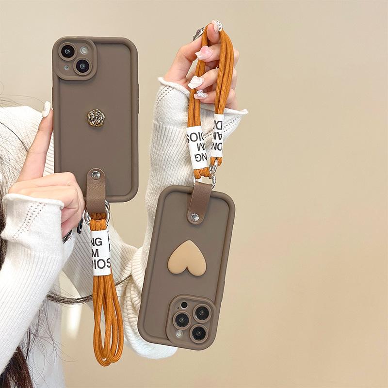For Apple 17 Promax Mobile Phone Case Anti-fall Portable Rope Love for IPhone 16 Camellia Fine Hole All-inclusive Silicone Soft