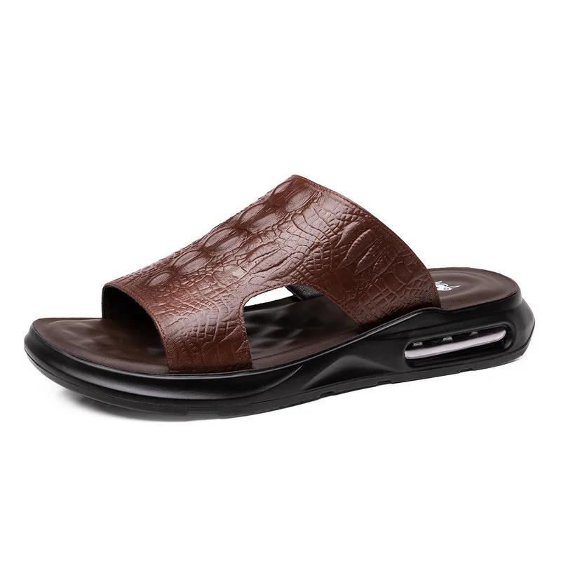 Summer New Shoes for Men Genuine Leather Men Sandals Crocodile Print Casual Slipper Air Cushion Flip Flops Cool Beach Shoes Man