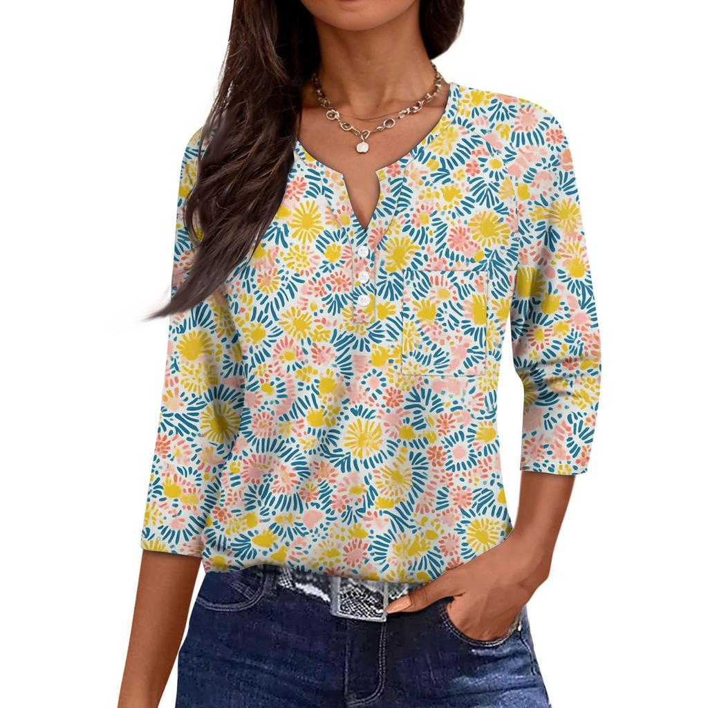 Damska Codzienna Modna Dekolt V Luźna Wszechstronna Kwiatowy Wzór Rękawy Trzyczwarte