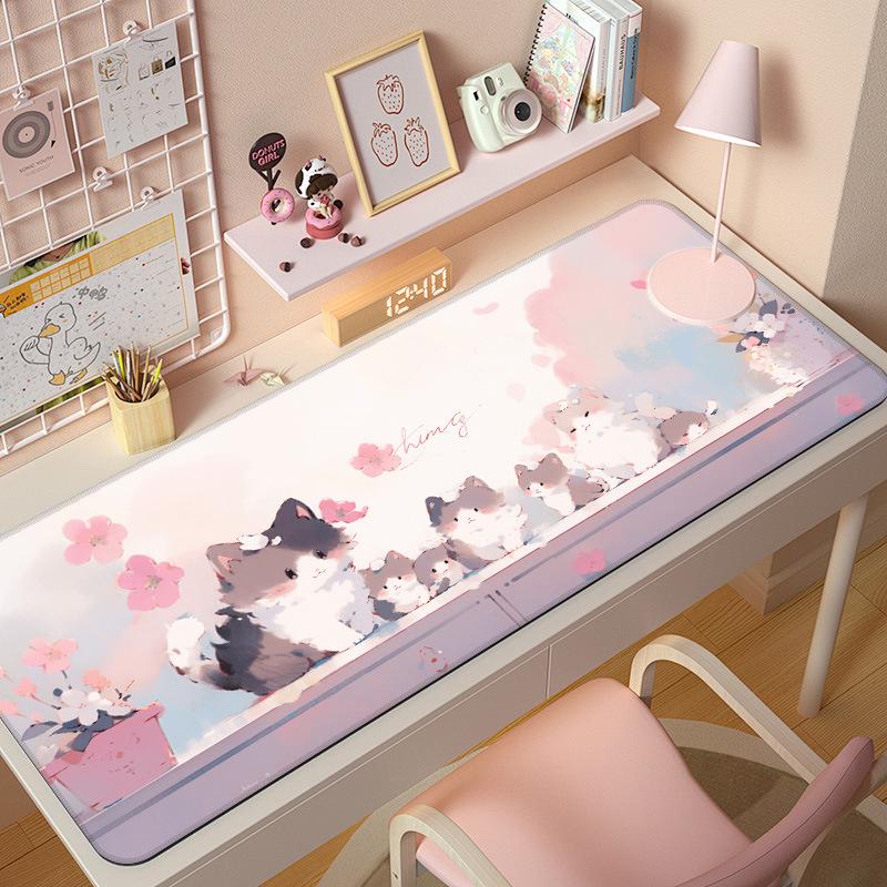 Extra Large Cute Cat Cartoon Mouse Pad with Stitched Edges - Aesthetic Desk Mat for Girls