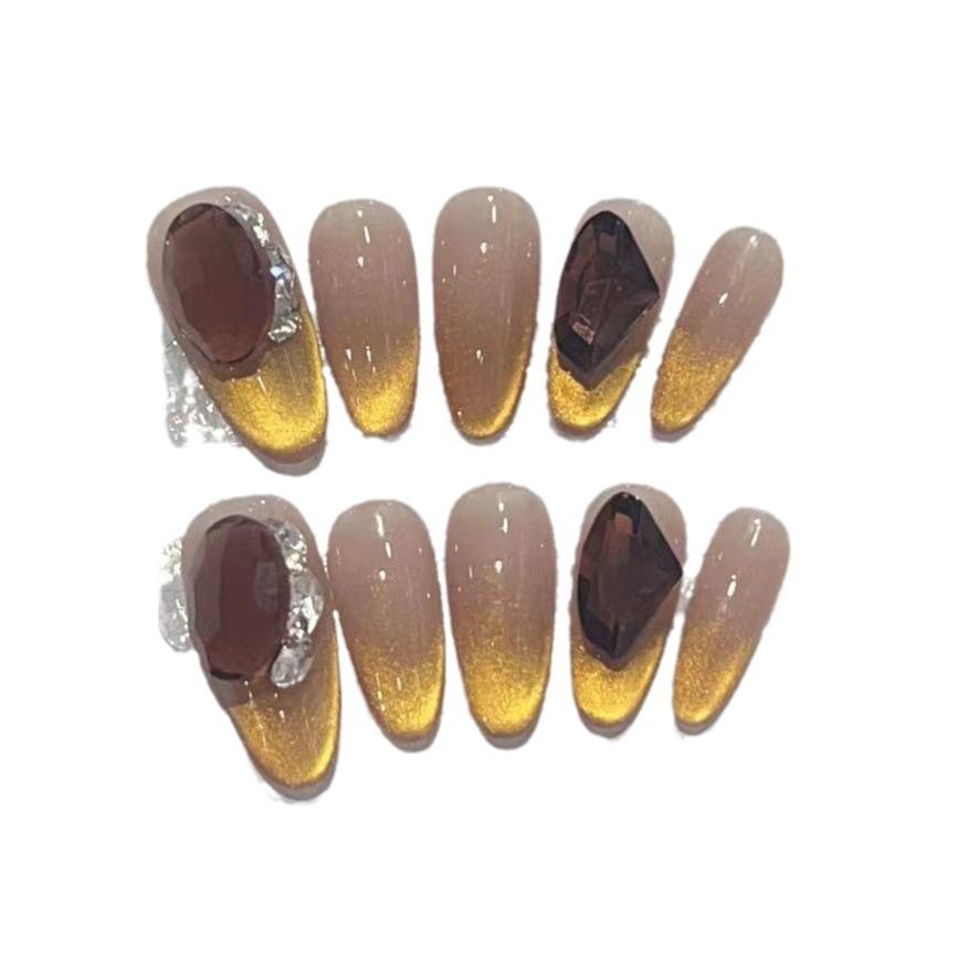 Wearing Armor Handmade Nail Art Patch Golden Cat Eye French Flashing Brown Opposite Sex Diamond