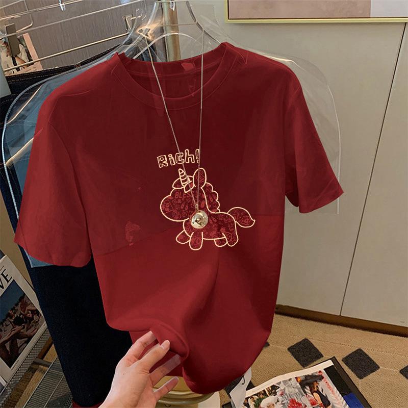 Women's Red Year of the Horse Print Brushed Cotton Short Sleeve T-shirt - Loose Fit, Versatile Trendy Style