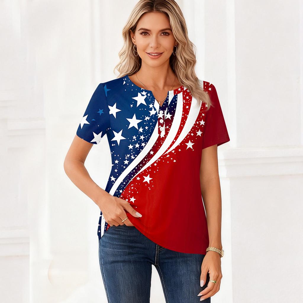 Women's T Shirt Independence Day Print Button Short Sleeve Daily Weekend Fashion Basic V- Neck Regular Top