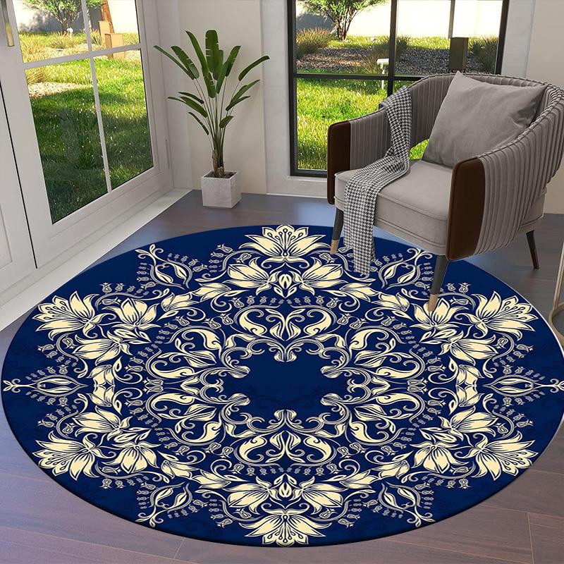 1pc Blue and Gold Floral Mandala Pattern Round carpet, Made of Polyester,Perfect for Decorating Office Chairs, Living Rooms,Vibrant Decorative Rug