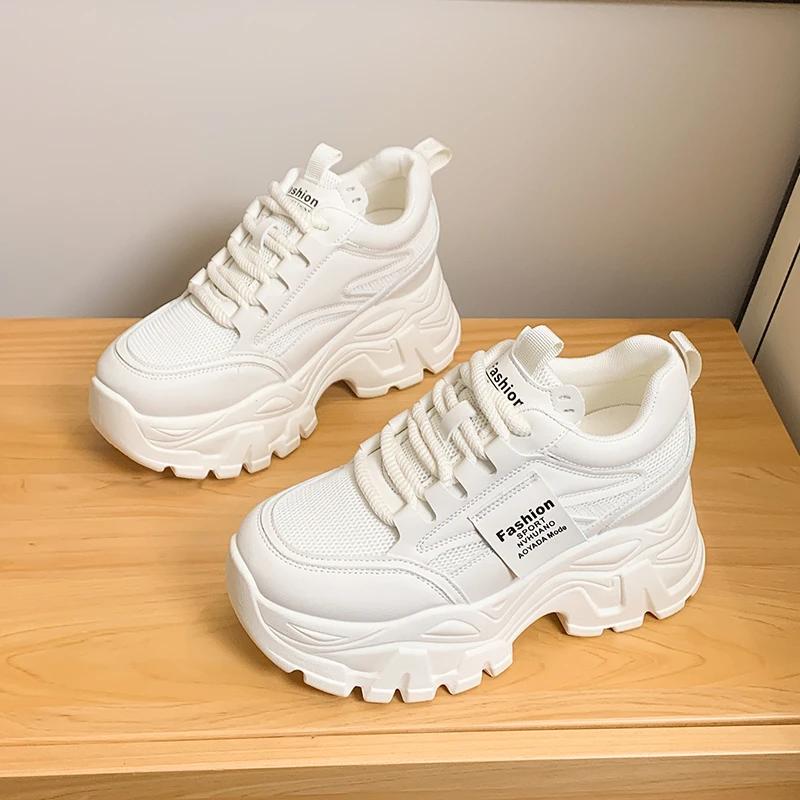 Fashion Lace Up Chunky Sneakers for Women Comfort Breathable Platform Sports Shoes Woman Pu Leather Thick Bottom Running Shoes