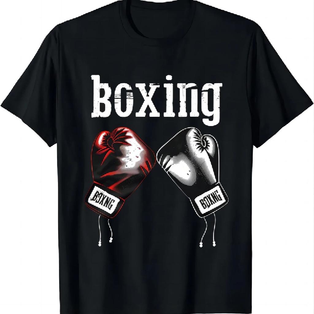 Boxing Spirit in Black with Red & Silver Gloves T Shirts Men Clothing Tops Graphic T Shirts Vintage T Shirt Camisetas Streetwear