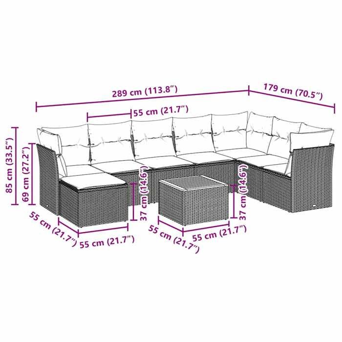 VidaXL Garden Lounge Set with Cushions 9 Pcs, Patio Sofas, Patio Furniture Set, Outdoor Furniture, Black 3256112