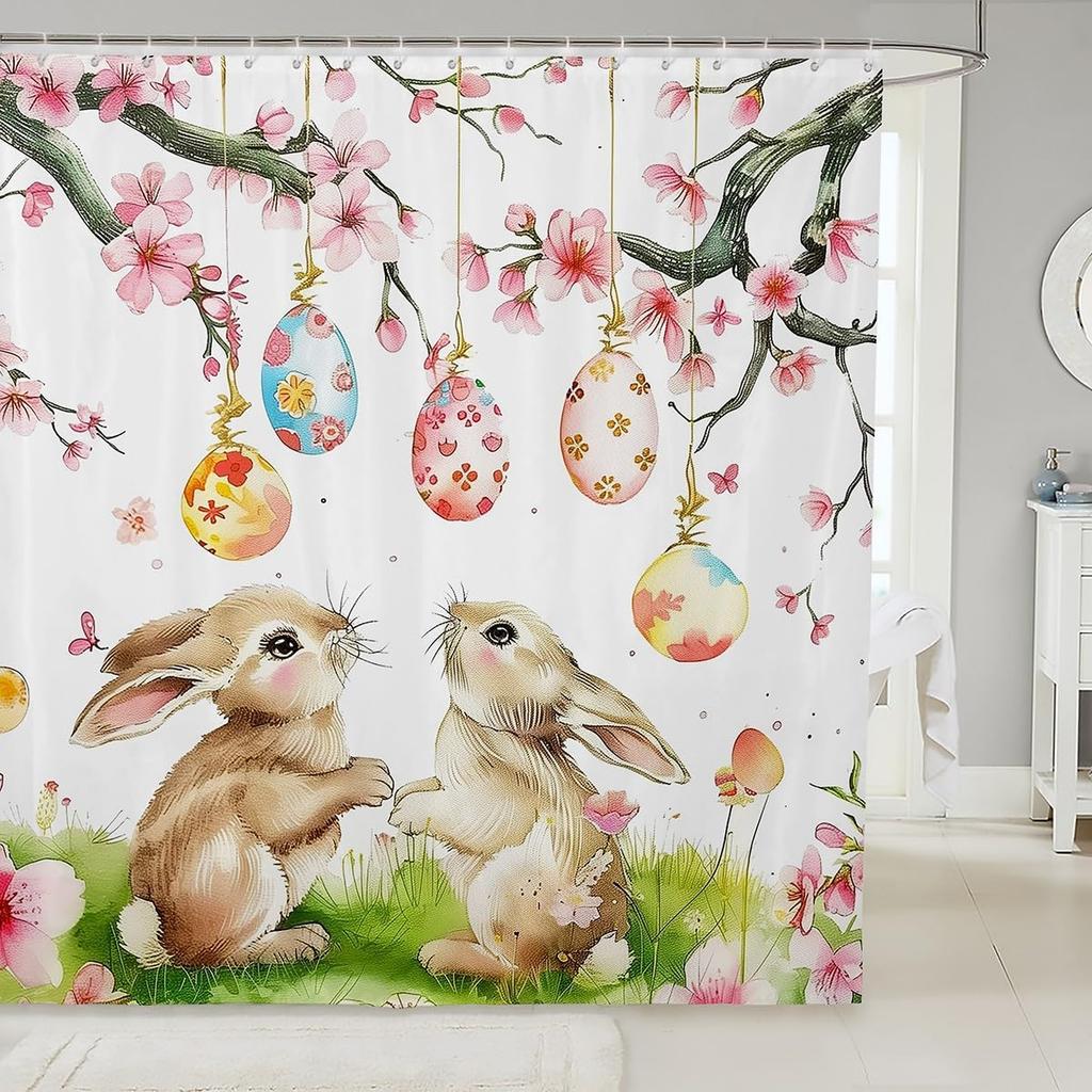 Easter Rabbit Bath Curtain Cute Bunny Shower Curtain For Kids Boys Girls Watercolor Eggs Bathroom Decor Pet Animals Bathroom