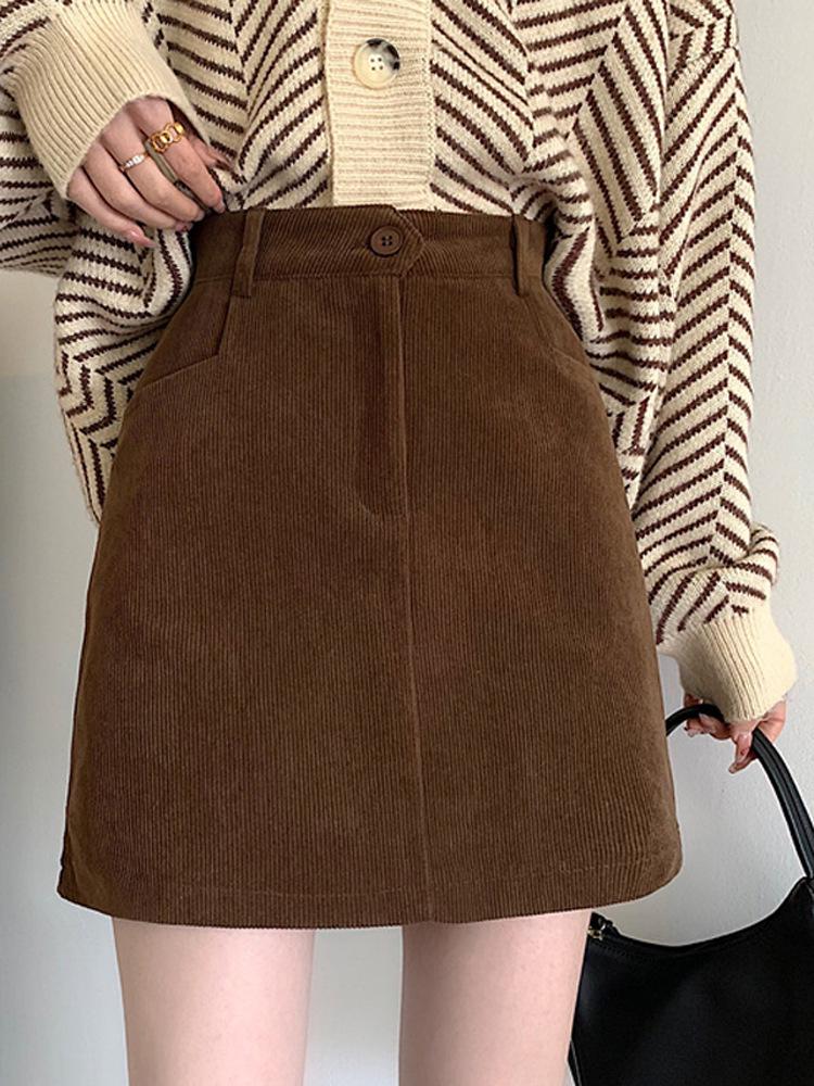 2023 Women's High Waist Brown Corduroy A-Line Skirt - Autumn/Winter Slim Fit for Petite Figures