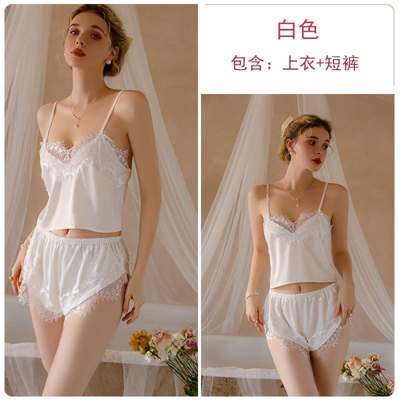 Women's Solid Satin Lace Cami Top Shorts with Robe Lounge Set