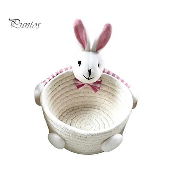 Gentle Color Storage Basket Desktop Basket, Cartoon Plush Bear And Rabbit Rope Decorative Plaid Bow Organizer Shape, Woven for Small Items Jewelry