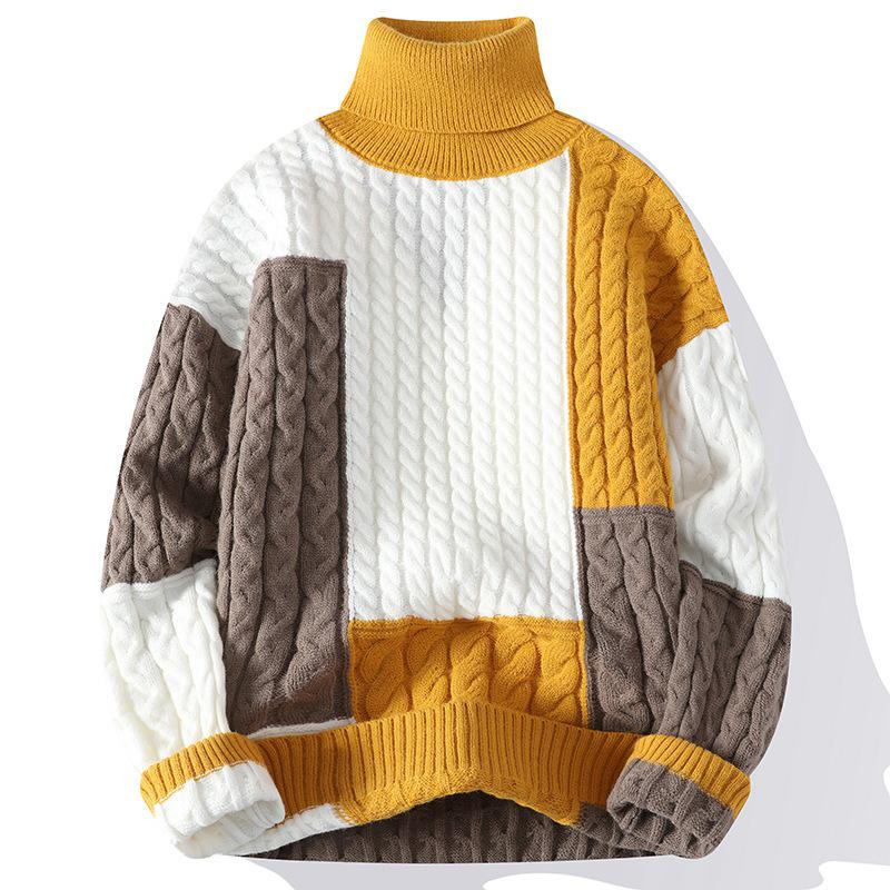 Men's Trendy High Collar Color Block Knit Pullover Sweater for Spring and Autumn