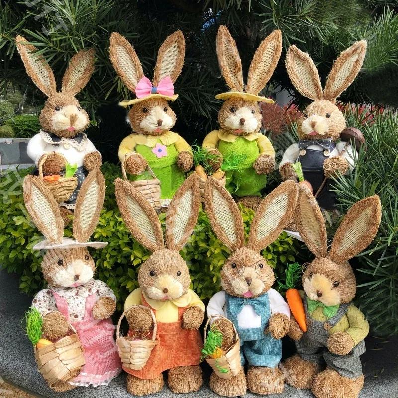 35cm Easter Bunny Decoration Cattail Craft Ornament Cute Rabbit Figure for Home Table Decor Spring Festival Ornament Gift