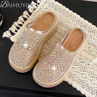 Sapatos Mules de Cristal da Moda Plataforma Mulher Chinelos de Malha Flats Casuais Femininos Sandálias Verão 2025 Tendência Vestido Conforto Anabela Sandalias