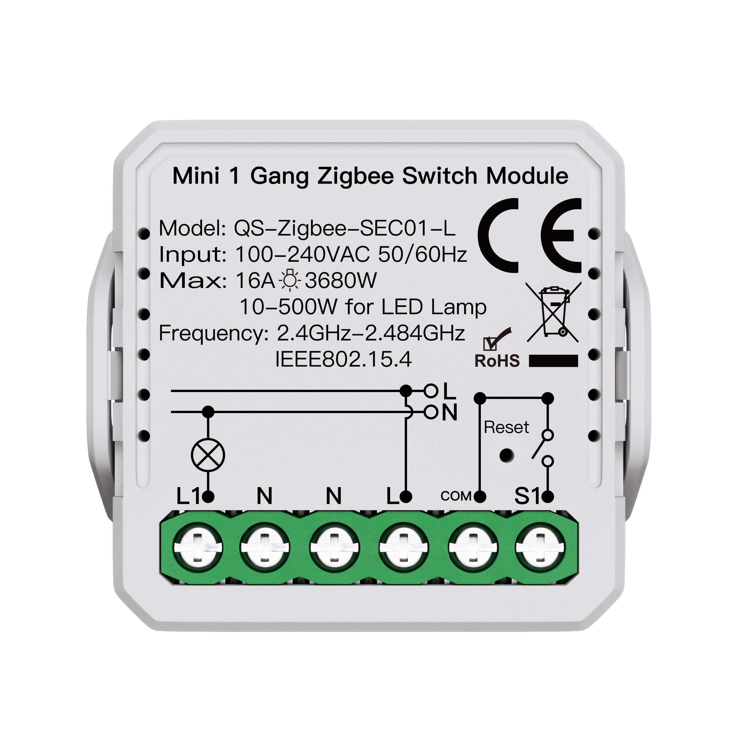 Zigbee реле-переключатель с фиксацией, с опциональной нейтралью 16А/250В для умного дома 39mm*39mm&Chinese Standard белый