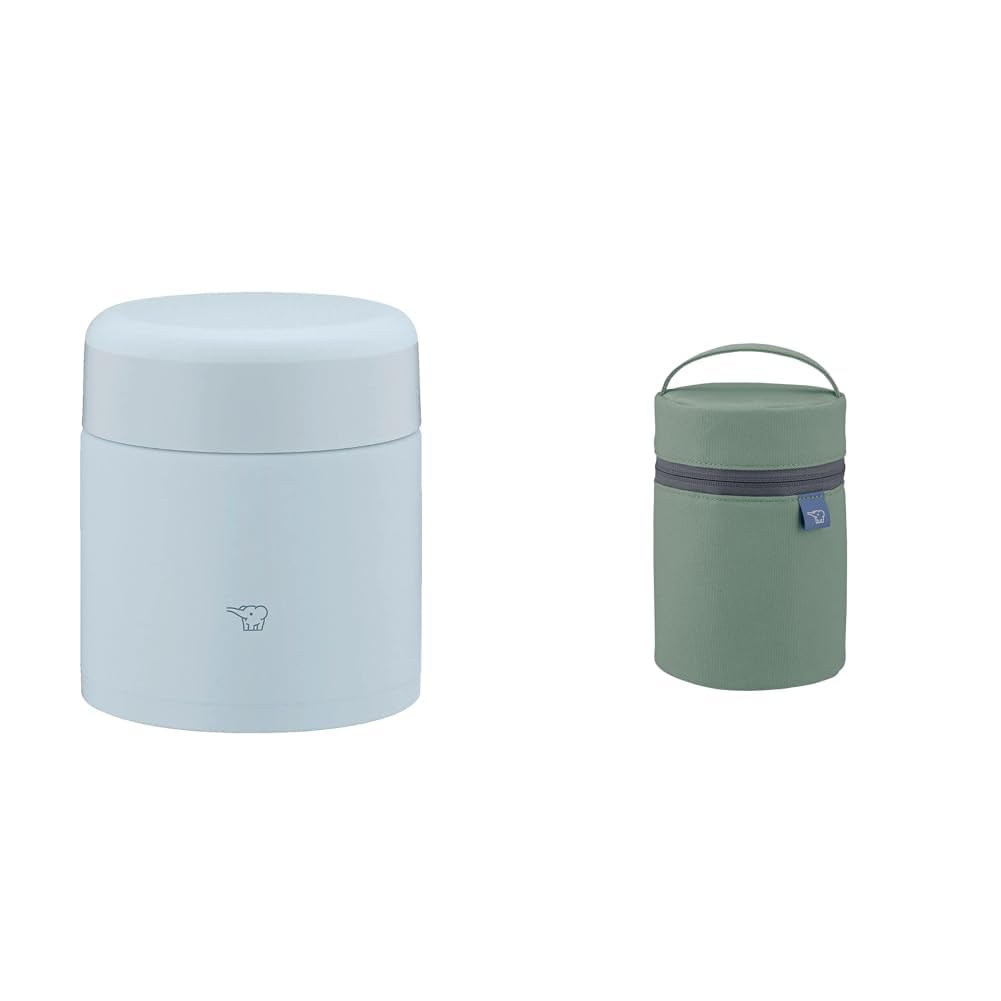 

Bundle ZOJIRUSHI Stainless Steel Insulated Soup Jar 300ml, Ice Gray + S-Size Soup Jar Pouch with Utensil Pocket, Easy-Clean, Matte Green