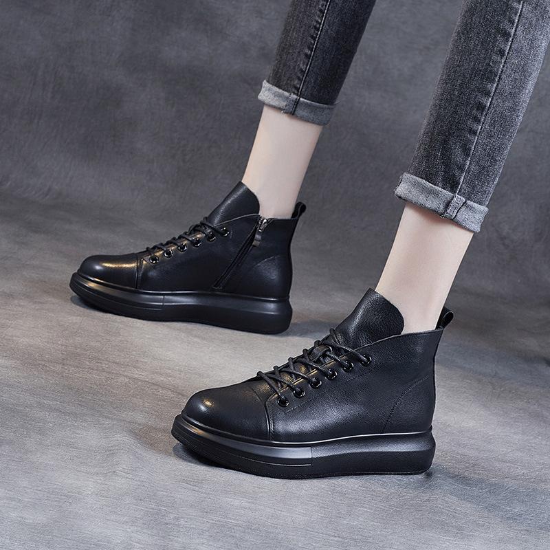 Footwear Boots Black Color Artificial Leather Winter Autumn Seasons Lace Up Sneakers