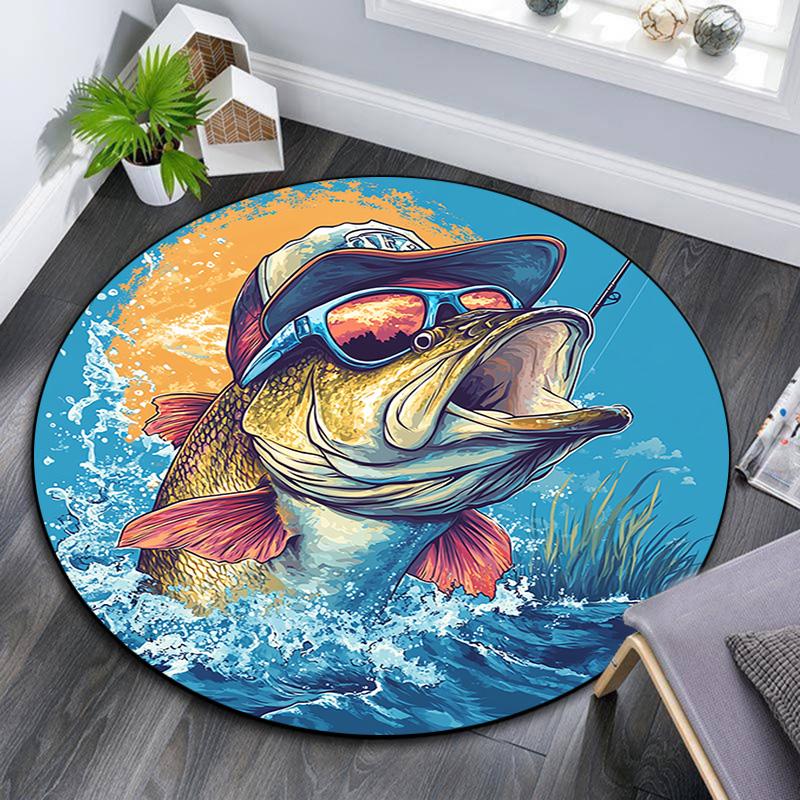 Bass Fish Round Area Rug,Carpet Rug for Living Room Bedroom Sofa Playroom Decor,Non-slip Floor Mat