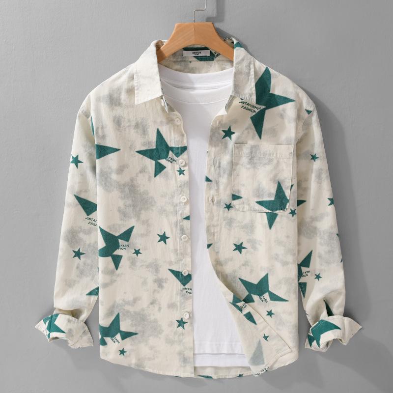 

Mens Star Print Long Sleeve Shirt Casual Button Down Shirt with Pocket for Daily Wear S зелёный