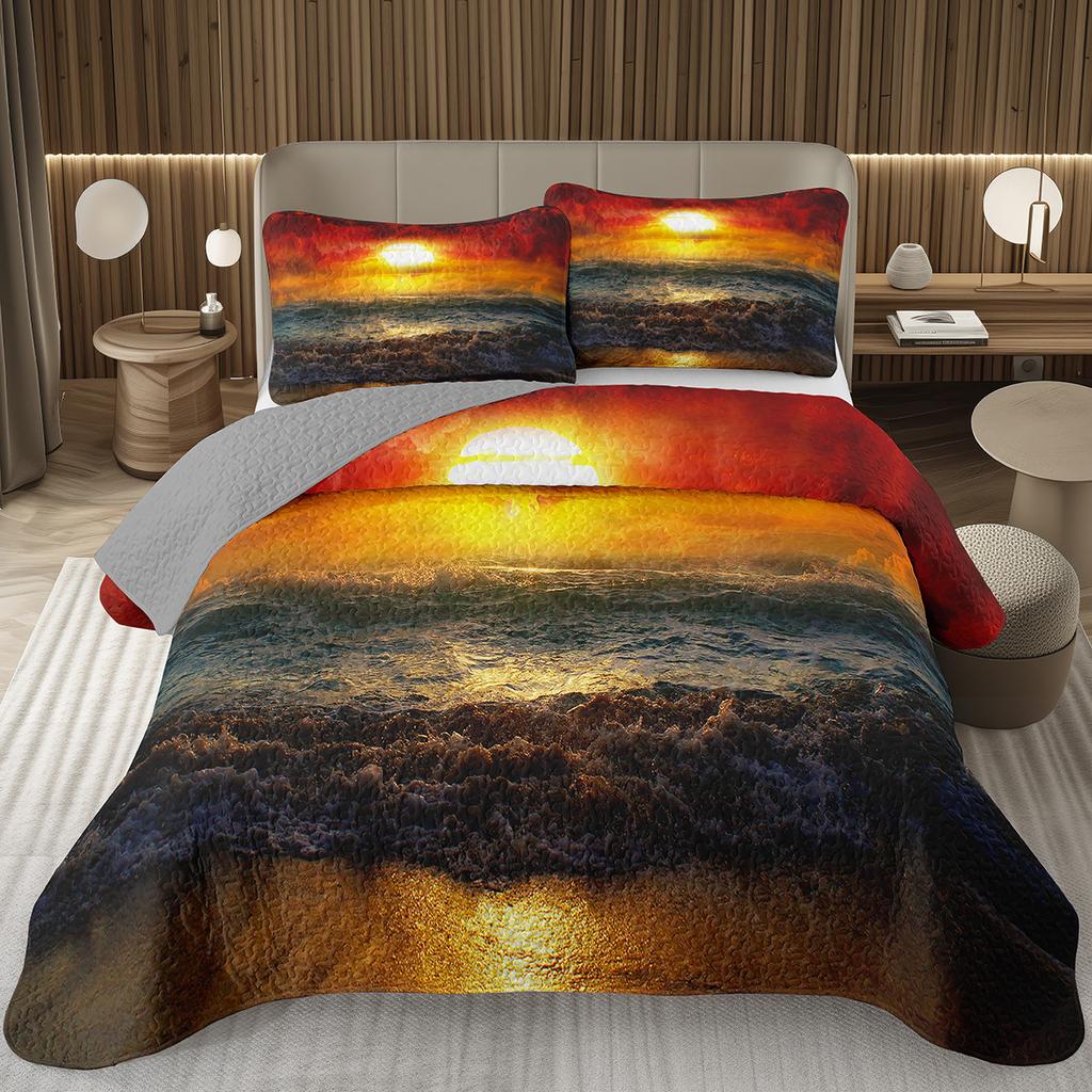 Sunset Scenery Bedspread Queen/Full Natural Landscape Quilted Coverlet 2/3Pcs Reversible Grey Bedding Set for Boy Girl Room Dorm