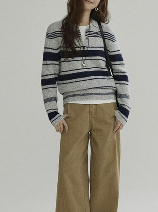 Joli Chiose Women's Striped Polo Collar Knit Sweater - Autumn Long Sleeve Casual Style