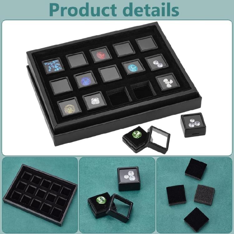 15Pcs Compact 3Cm Square Jewelry Storage Boxes With Clear Covers And PU Padding For Secure Gems Protections