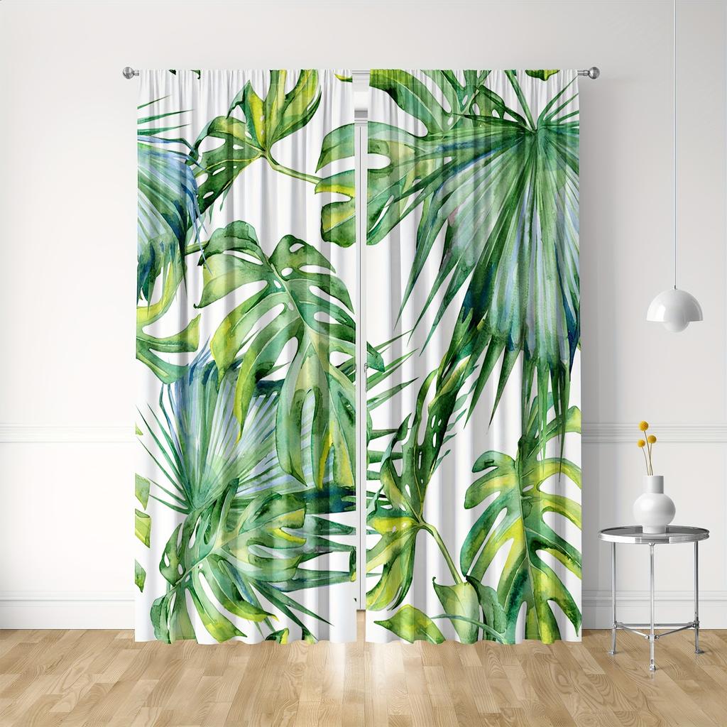 2pcs Nordic Green Plant Leaves Curtains-Light-Filtering WindowTreatment for Kitchen, Living Room, Office, and Bedroom Decor