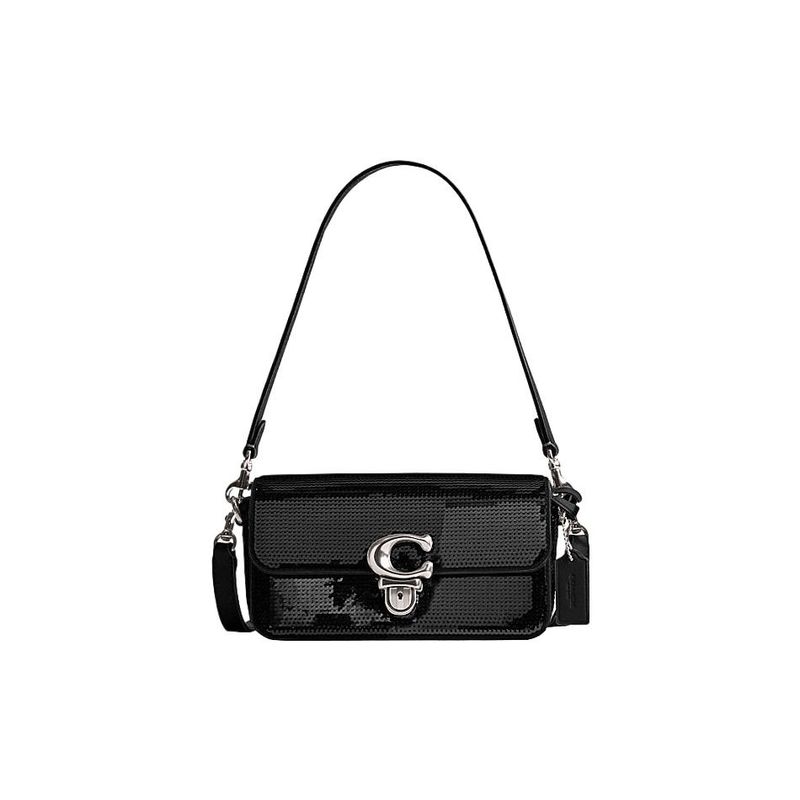 Coach Студия 20 Логотип Блестящая Кожаная Сумка-Багет Наплечная Сумка Маленькие Женские Сумки Черный CM428-LHBLK